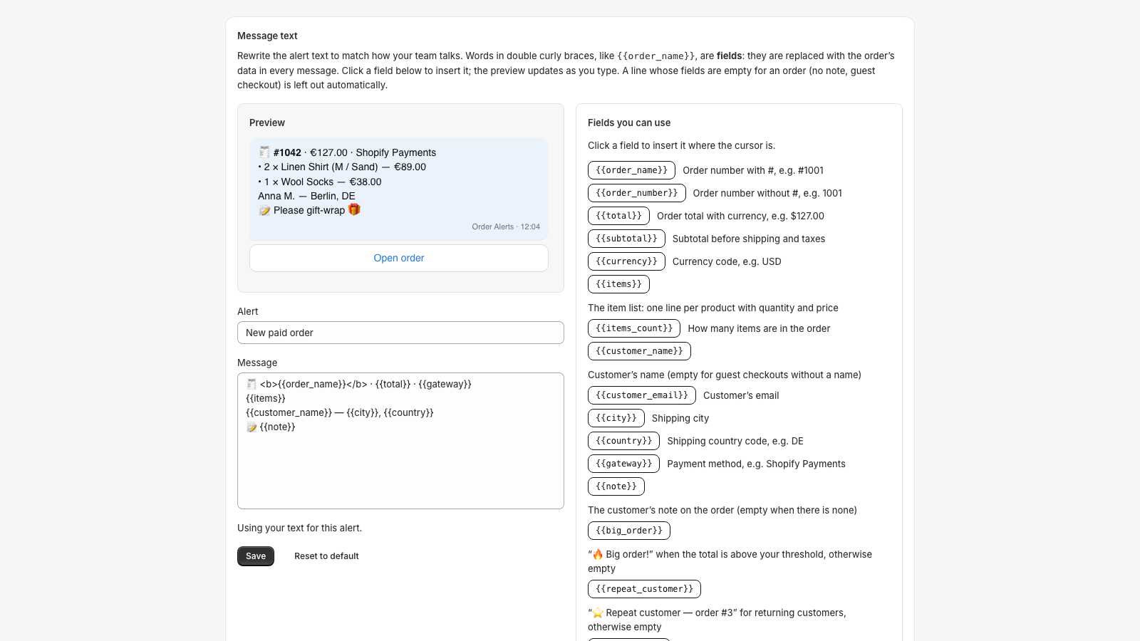 The message text editor with fields, formatting help and a live preview